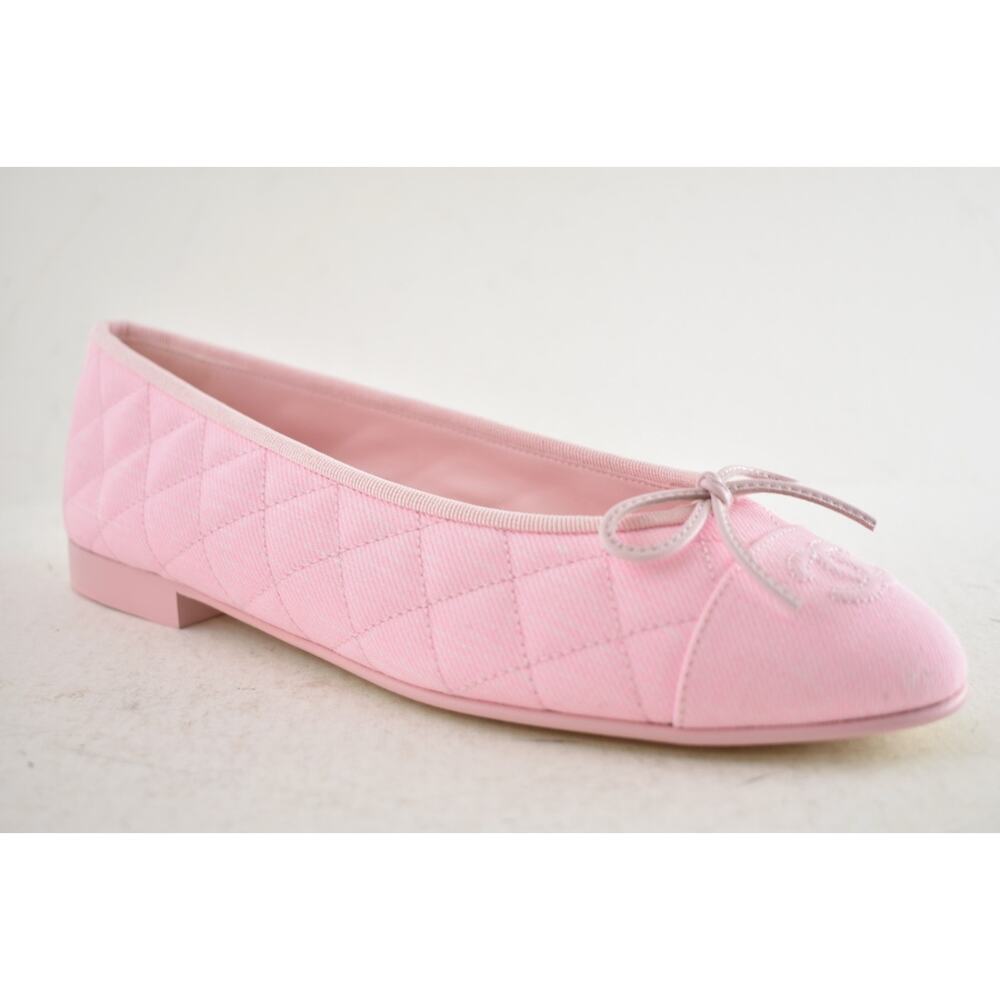 Chanel 26P Light Pink Denim Quilted CC Logo Bow Tie Ballet Ballerina Flat 38 - Picture 6 of 16